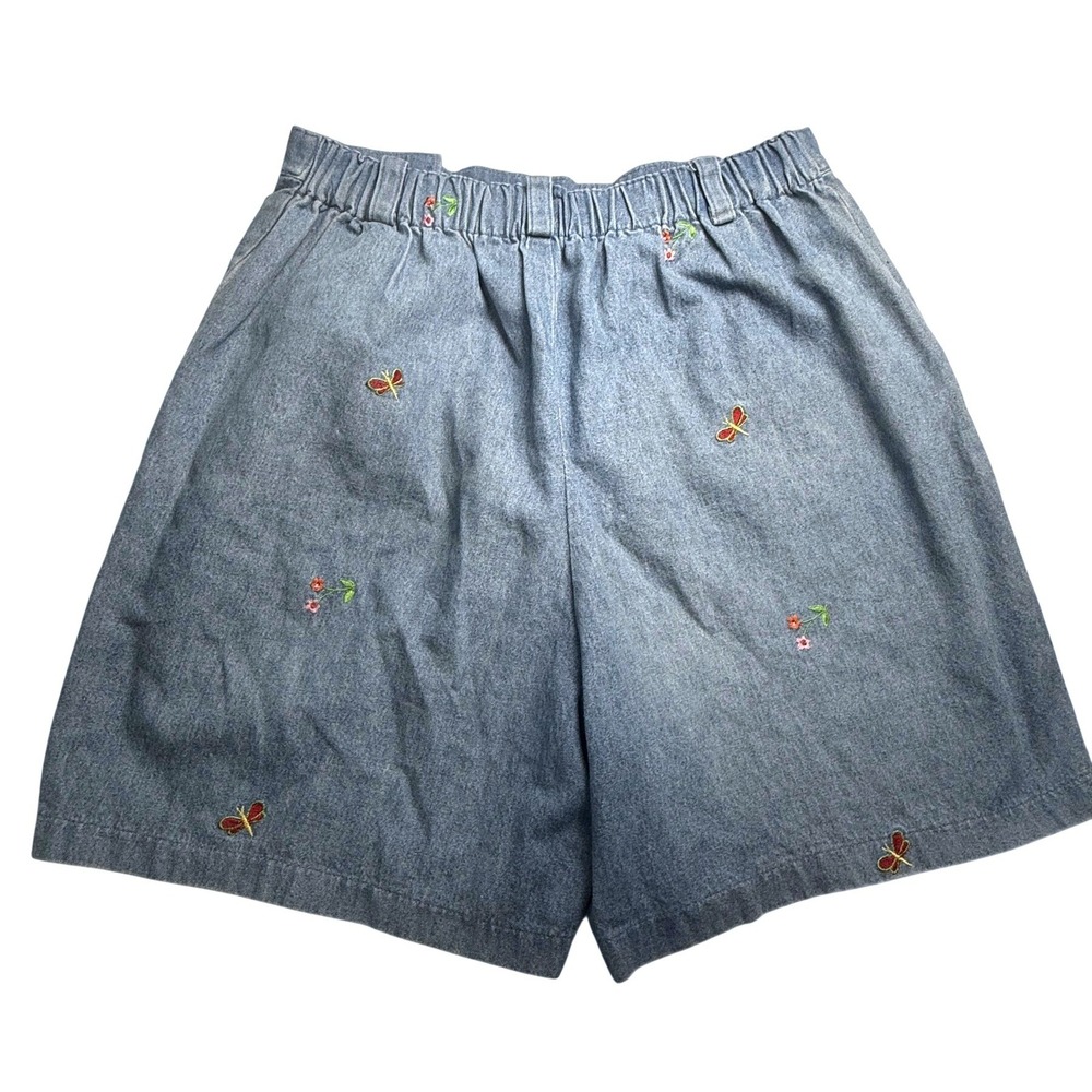 Vintage Denim High Rise Granny Shorts Embroidered Butterfly Floral Light Wash 16